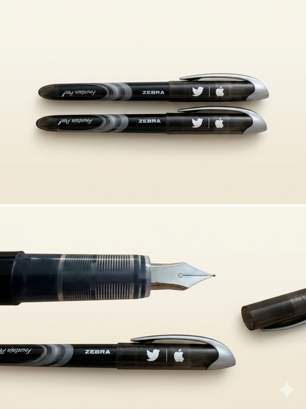 Apple + Twitter branded Zebra Fountain Pens (2 total) - work great!